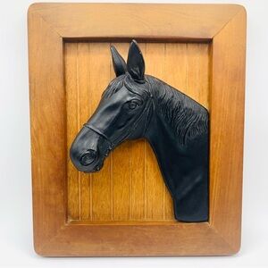 Vintage 3D Black Metal Horse Head Wall Plaque on Wood Panel – Equestrian Decor